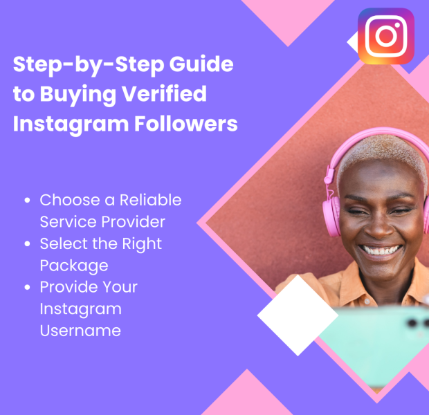 Step-by-Step Guide to Buying Verified Instagram Followers A guide image featuring a smiling woman wearing pink headphones, paired with a step-by-step guide on buying verified Instagram followers.