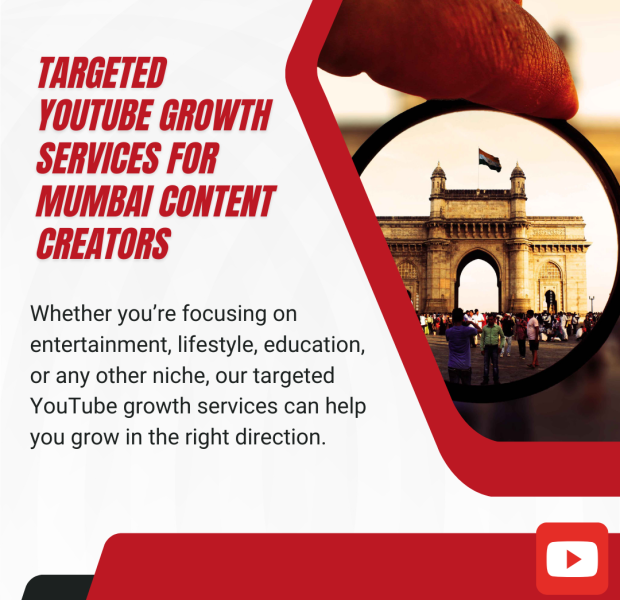 Targeted YouTube Growth Services for Mumbai Content Creators Advertisement for YouTube growth services targeting Mumbai content creators with an image of the Gateway of India viewed through a lens.