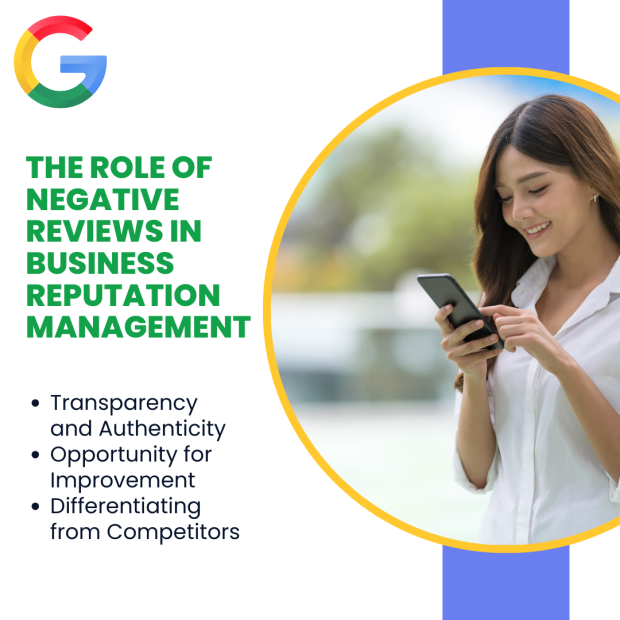 The Role of Negative Google Reviews in Business Reputation Management A graphic discussing the role of negative Google reviews in business reputation management, featuring a smiling woman using a smartphone, with a clean and professional design.