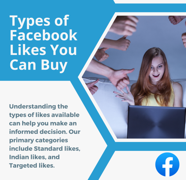 Types of Facebook Likes You Can Buy A graphic with a split design. On the left, text reads "Types of Facebook Likes You Can Buy" in bold, with additional text explaining categories like Standard likes, Indian likes, and Targeted likes.