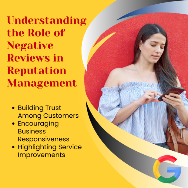 Understanding the Role of Negative Reviews in Reputation Management A graphic titled "Understanding the Role of Negative Reviews in Reputation Management" featuring a woman using her phone while leaning against a red wall.