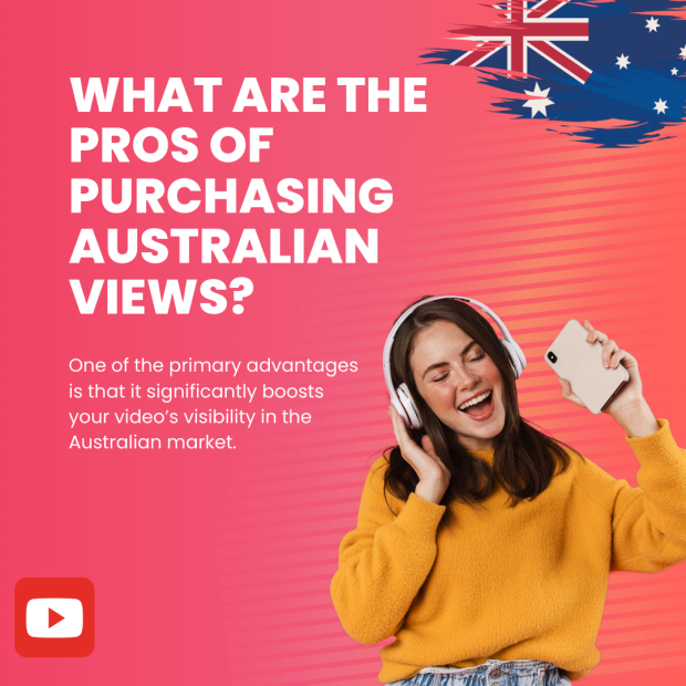 What are the Pros of Purchasing Australian Views A cheerful woman wearing headphones and a yellow sweater holds her phone while smiling, with text discussing the pros of purchasing Australian views.