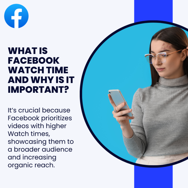 What is Facebook Watch Time and Why Is It Important A woman in glasses and a gray sweater holding a smartphone, with the text "What Is Facebook Watch Time and Why Is It Important?"