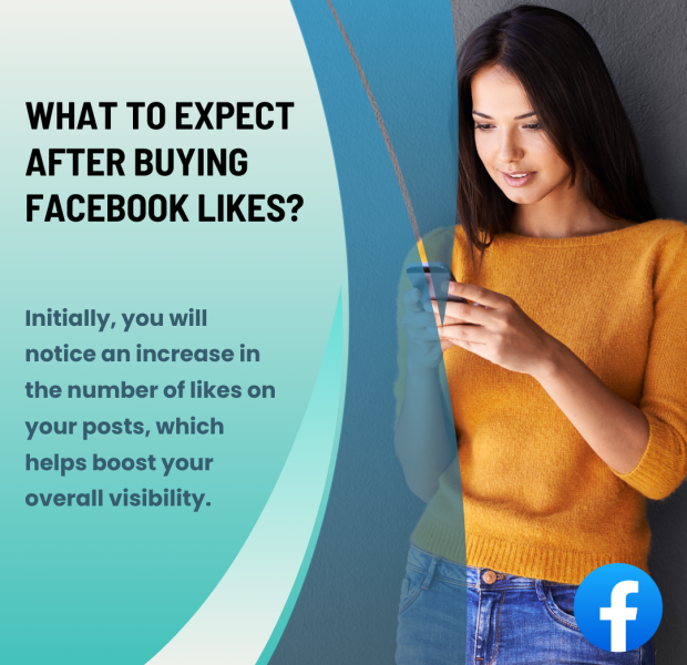 What to Expect After Buying Facebook Likes A promotional image about the benefits of buying Facebook likes, featuring a woman in an orange sweater using her smartphone.