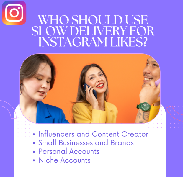 Who Should Use Slow Delivery for Instagram Likes An Instagram post with the title "Who Should Use Slow Delivery for Instagram Likes?" on a purple background.