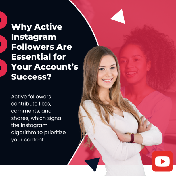 Why Active Instagram Followers Are Essential for Your Account’s Success Smiling woman with arms crossed in a white top, with text on the left reading 'Why Active Instagram Followers Are Essential for Your Account's Success?' against a black and red background.