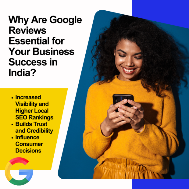 Why Are Google Reviews Essential for Your Business Success in India A graphic explaining the importance of Google reviews for business success in India, featuring a smiling woman in a yellow sweater using her smartphone against a vibrant background.