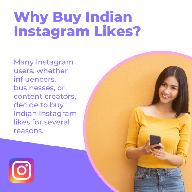 Why Buy Indian Instagram Likes The text above her reads, "Why Buy Indian Instagram Likes?" in bold purple letters.