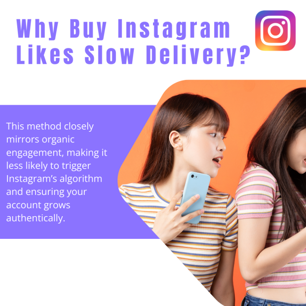 Why Buy Instagram Likes Slow Delivery One looks curiously at the other while text on the left reads, "Why Buy Instagram Likes Slow Delivery?" in bold purple letters.