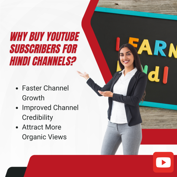 Why Buy YouTube Subscribers for Hindi Channels Professional woman gesturing toward text 'Why Buy YouTube Subscribers for Hindi Channels?' with benefits.