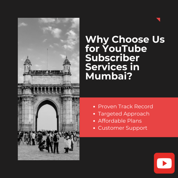 Why Choose Us for YouTube Subscriber Services in Mumbai Image of the Gateway of India in black and white with text on the right that says, 'Why Choose Us for YouTube Subscriber Services in Mumbai?' and a list of benefits.