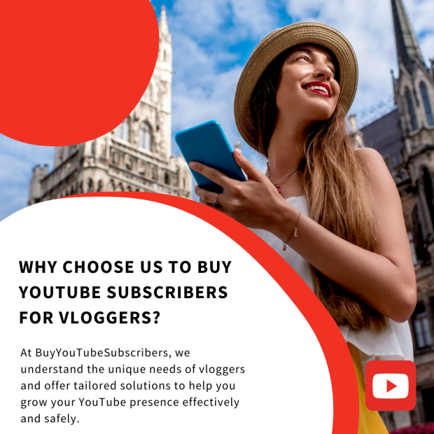 Why Choose Us to Buy YouTube Subscribers for Vloggers Promotional image encouraging vloggers to buy YouTube subscribers, featuring a smiling woman with a smartphone and a scenic background.