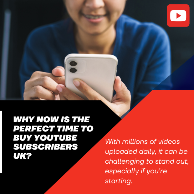 Why Now Is the Perfect Time to Buy YouTube Subscribers UK (1) The text overlay reads, "Why Now Is the Perfect Time to Buy YouTube Subscribers UK?" in bold white letters on a black background.