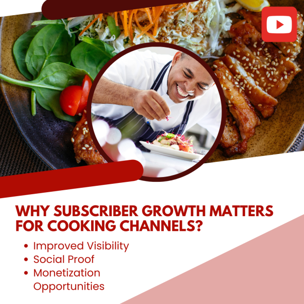 Why Subscriber Growth Matters for Cooking Channels Image of a chef smiling while garnishing a dish, surrounded by food, with text that reads 'Why Subscriber Growth Matters for Cooking Channels?' and benefits listed below.