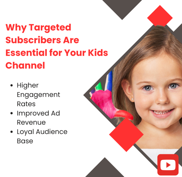 Why Targeted Subscribers Are Essential for Your Kids Channel Image of a smiling child with a colorful painted hand, accompanied by text explaining why targeted subscribers are essential for kids' YouTube channels.