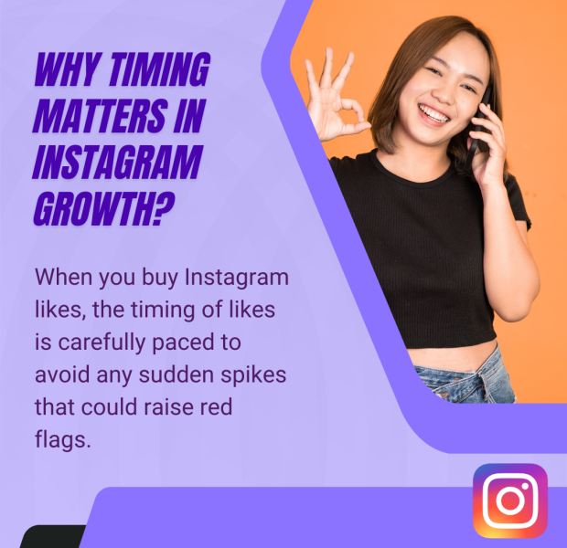 Why Timing Matters in Instagram Growth A social media graphic with the title "Why Timing Matters in Instagram Growth?" showing a smiling woman on the right making an "OK" hand gesture while talking on the phone.
