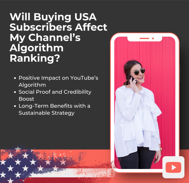 Will Buying USA Subscribers Affect My Channel’s Algorithm Ranking "A graphic featuring a woman in sunglasses and a white blouse, smiling while talking on the phone against a bright pink background, displayed inside a smartphone frame.