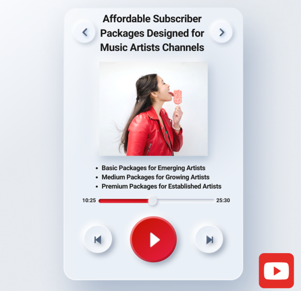 Affordable Subscriber Packages Designed for Music Artists Channels A mobile interface showcasing affordable subscriber packages designed for music artists' channels, featuring a female artist in a red jacket licking a red lollipop.