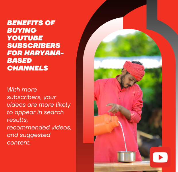 Benefits of Buying YouTube Subscribers for Haryana-Based Channels Poster with a red-themed design showcasing a man in a red turban pouring milk, accompanied by the text 'Benefits of Buying YouTube Subscribers for Haryana-Based Channels.