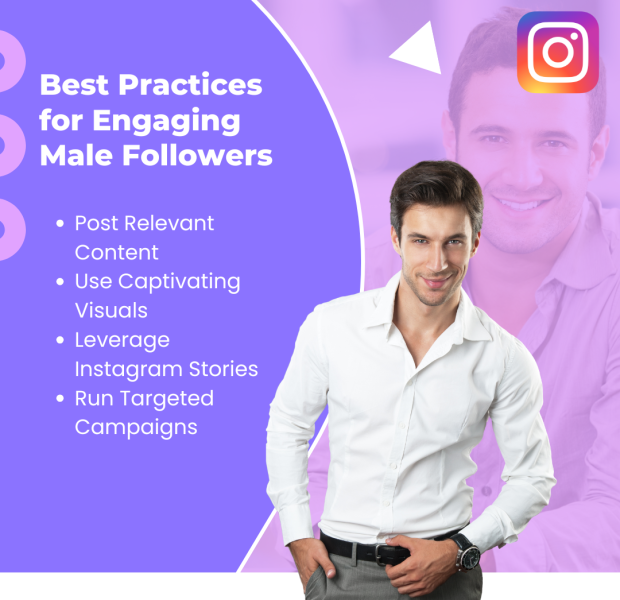 Best Practices for Engaging Male Followers Confident man in a white shirt, with text that reads 'Best Practices for Engaging Male Followers' listing tips.