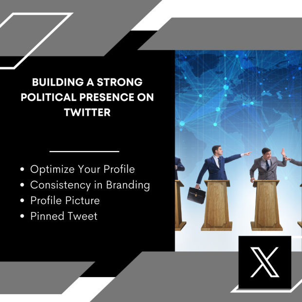 Building a Strong Political Presence on Twitter Group of individuals in formal attire at podiums with text that reads 'Building a Strong Political Presence on Twitter,'.