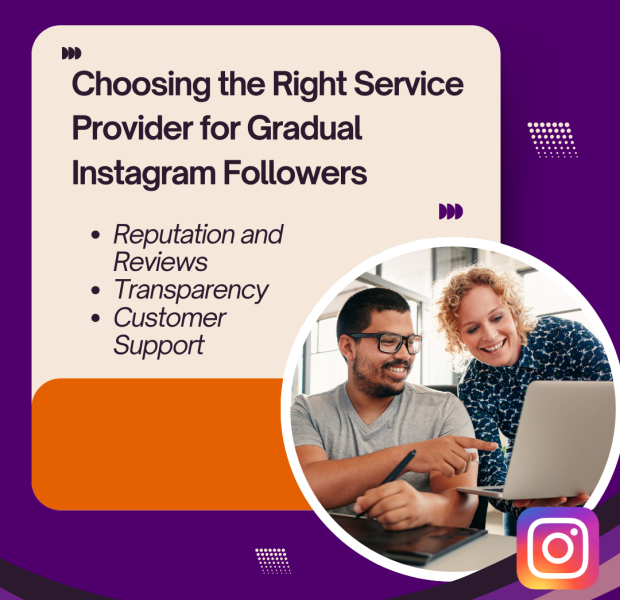 Choosing the Right Service Provider for Gradual Instagram Followers A promotional image discussing tips for choosing the right service provider for gradual Instagram followers, featuring a smiling team working together on a laptop.