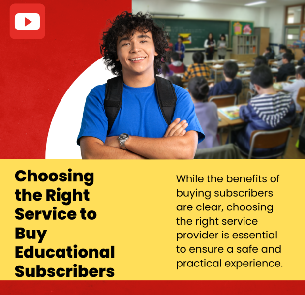 Choosing the Right Service to Buy Educational Subscribers A smiling young man wearing a blue shirt and backpack stands confidently in front of a blurred classroom scene.