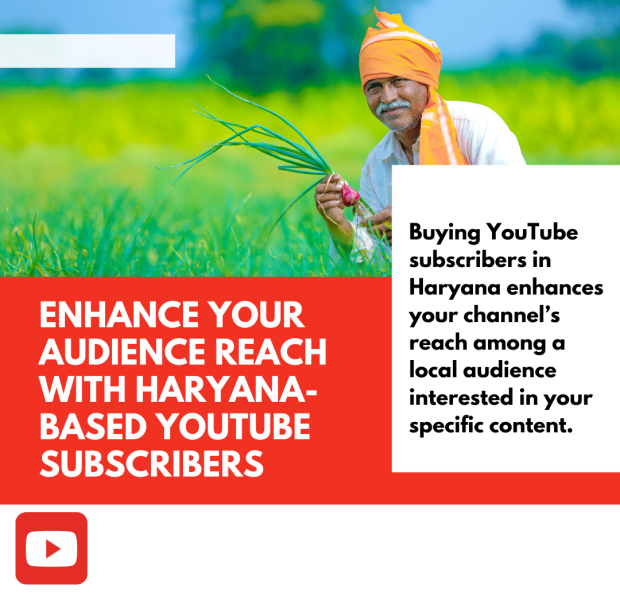 Enhance Your Audience Reach with Haryana-Based YouTube Subscribers Poster with a red and white theme featuring a farmer in a vibrant green field holding fresh onions, accompanied by the text 'Enhance Your Audience Reach with Haryana-Based YouTube Subscribers.'