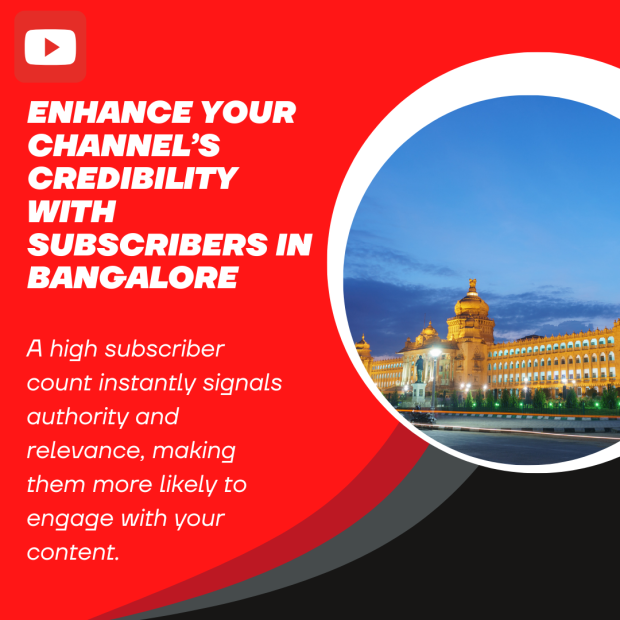 Enhance Your Channel’s Credibility with Subscribers in Bangalore Poster with a red and black theme featuring the illuminated Vidhana Soudha building in Bangalore at night, accompanied by the title 'Enhance Your Channel’s Credibility with Subscribers in Bangalore.'
