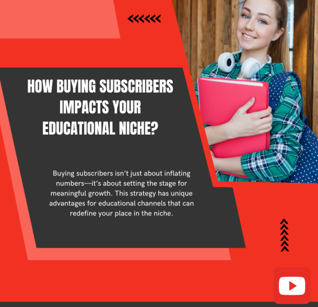 How Buying Subscribers Impacts Your Educational Niche A promotional graphic with the title "How Buying Subscribers Impacts Your Educational Niche?" on a black and red background.