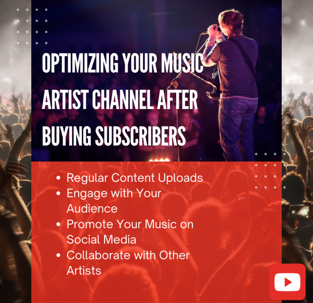 Optimizing Your Music Artist Channel After Buying Subscribers A musician performing on stage in front of a crowd, with overlaid text reading "Optimizing Your Music Artist Channel After Buying Subscribers," followed by tips in bullet points.