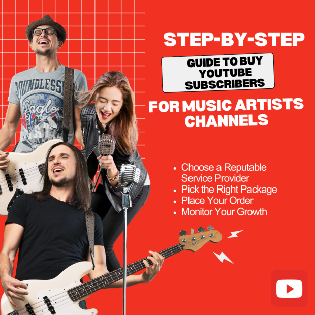 Step-by-Step Guide to Buy YouTube Subscribers for Music Artists Channels Three musicians smiling and performing with guitars and a microphone, overlaid with bold text reading "Step-by-Step Guide to Buy YouTube Subscribers for Music Artists Channels" and a list of tips.
