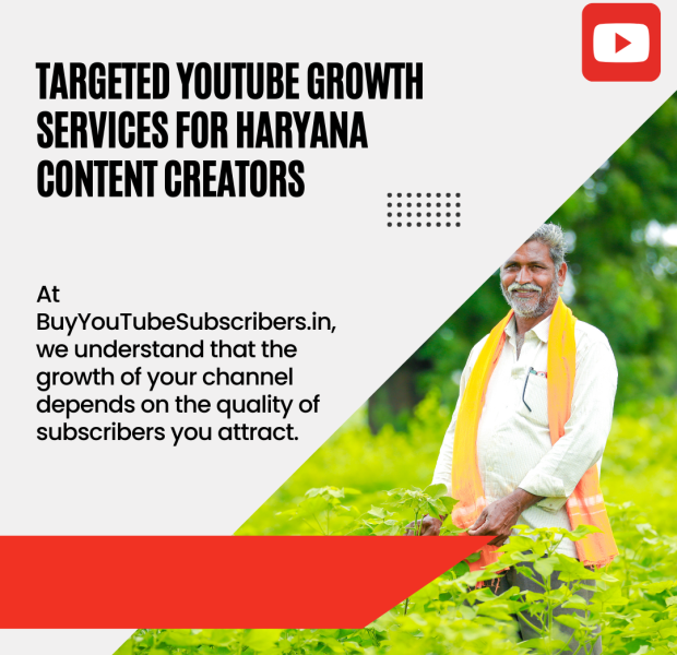 Targeted YouTube Growth Services for Haryana Content Creators Poster featuring a smiling farmer in a vibrant green field, paired with the text 'Targeted YouTube Growth Services for Haryana Content Creators.'