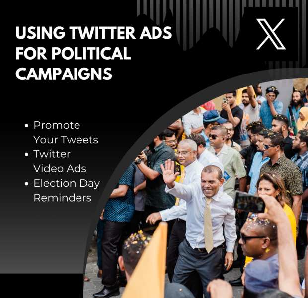 Using Twitter Ads for Political Campaigns Political leader waving at a crowd during a public event, with text reading 'Using Twitter Ads for Political Campaigns' and a checklist of strategies.