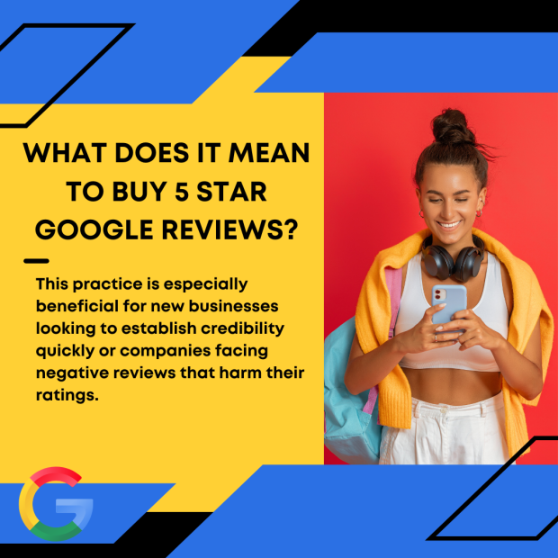 What Does It Mean to Buy 5 Star Google Reviews Smiling woman in casual attire holding a smartphone, with text reading 'What Does It Mean to Buy 5 Star Google Reviews?' alongside a description.