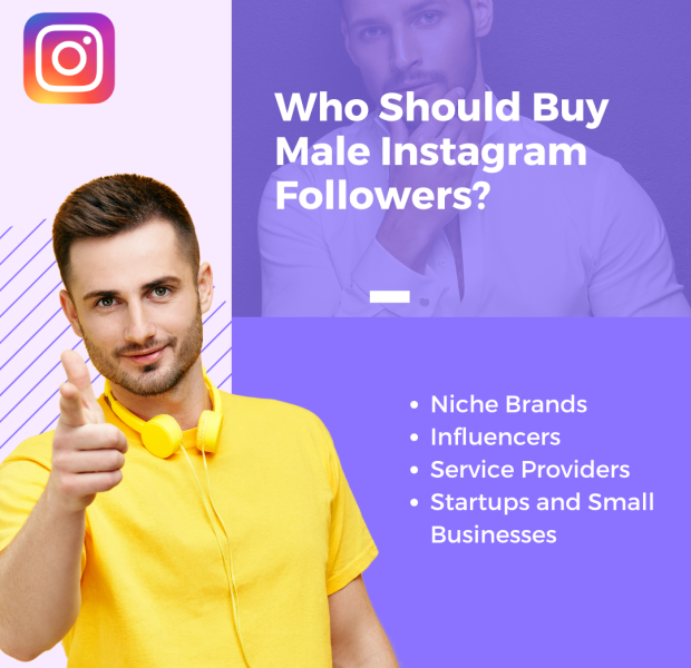 Who Should Buy Male Instagram Followers Confident man wearing a yellow shirt pointing at the camera, with text reading 'Who Should Buy Male Instagram Followers?'.