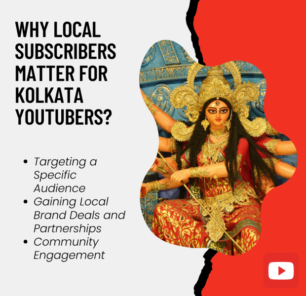 Why Local Subscribers Matter for Kolkata YouTubers A visually appealing graphic featuring a Durga idol in traditional attire within a uniquely shaped frame on the right. The headline reads, "Why Local Subscribers Matter for Kolkata YouTubers?"