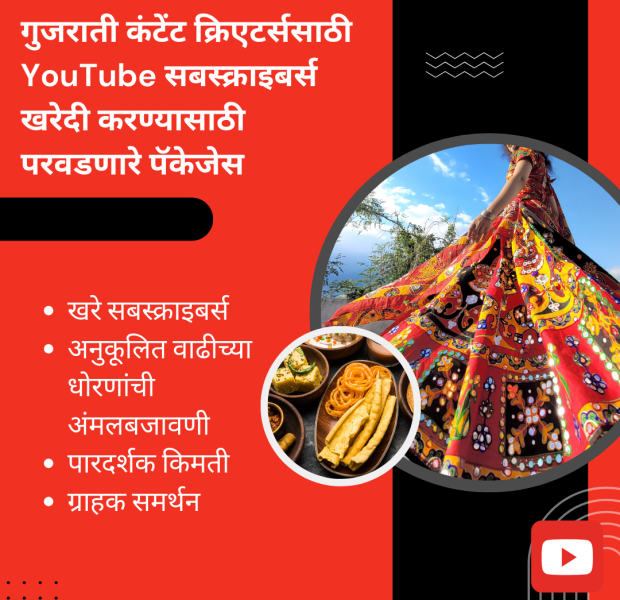 पारंपरिक गुजराती पोशाखातील व्यक्ती निसर्गाच्या पार्श्वभूमीवर, बाजूला गुजराती पदार्थांचा फोटो, लाल आणि काळ्या पार्श्वभूमीवर मजकूर: 'गुजराती कंटेंट क्रिएटर्ससाठी YouTube सबस्क्राइबर्स खरेदी करण्यासाठी परवडणारे पॅकेजेस,' खाली YouTube लोगो.