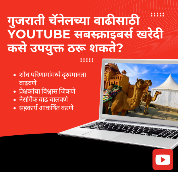 लॅपटॉप स्क्रीनवर उंट आणि पारंपरिक वास्तुशैलीचे चित्र, लाल पार्श्वभूमीवर मजकूर: 'गुजराती चॅनेलच्या वाढीसाठी YouTube सबस्क्राइबर्स खरेदी कसे उपयुक्त ठरू शकते?' खाली YouTube लोगो.