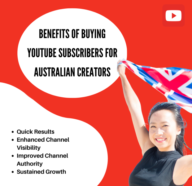 Benefits of Buying YouTube Subscribers for Australian Creators The text overlay reads, "Benefits of buying YouTube subscribers for Australian creators," along with a bullet-point list of key benefits.