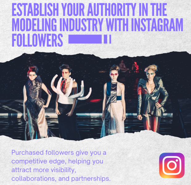 Establish Your Authority in the Modeling Industry with Instagram Followers A promotional graphic with the headline "Establish Your Authority in the Modeling Industry with Instagram Followers" in bold purple text on a textured grey background.