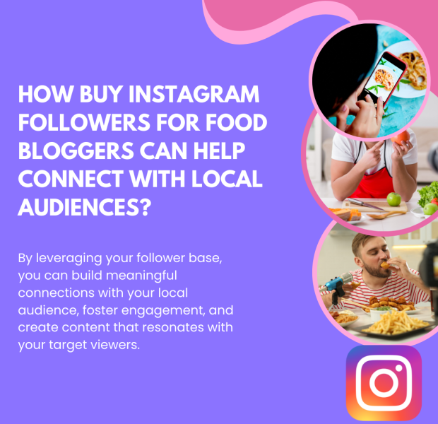 How Buy Instagram Followers for Food Bloggers Can Help Connect with Local Audiences A promotional graphic with the headline "How Buy Instagram Followers for Food Bloggers Can Help Connect with Local Audiences?" in bold white text on a purple background.