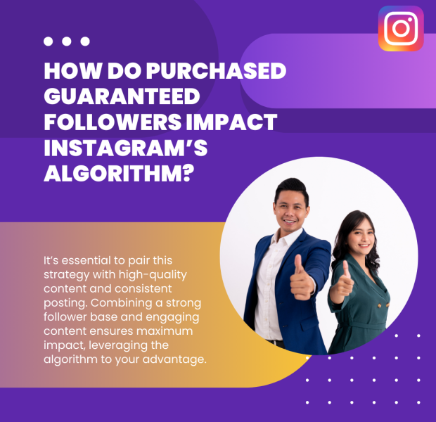 How Do Purchased Guaranteed Followers Impact Instagram’s Algorithm A man and woman giving a thumbs-up in a business setting, with the text: How Do Purchased Guaranteed Followers Impact Instagram’s Algorithm?