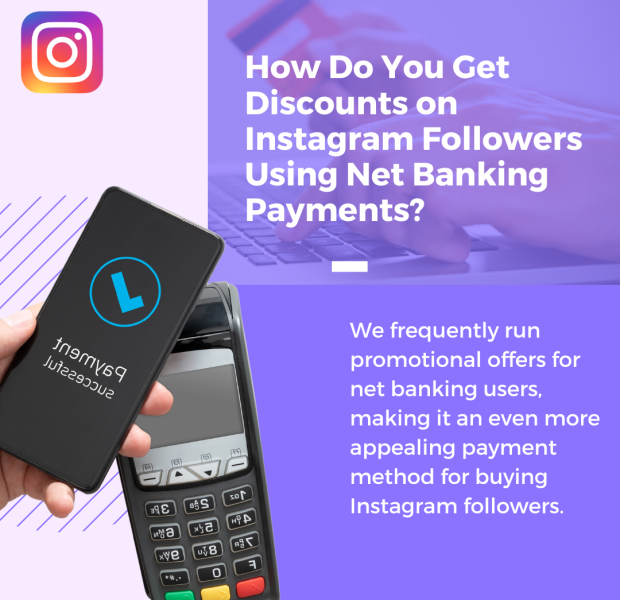 How Do You Get Discounts on Instagram Followers Using Net Banking Payments A smartphone displaying a payment successful message, next to a payment terminal, with the text: How Do You Get Discounts on Instagram Followers Using Net Banking Payments?