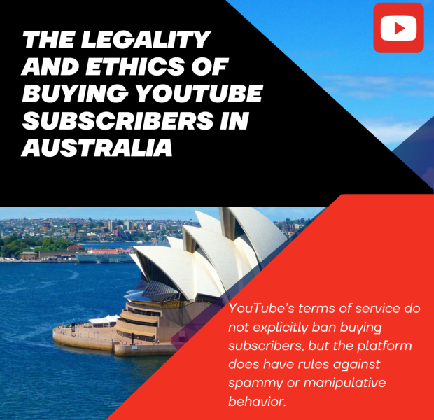 The Legality and Ethics of Buying YouTube Subscribers in Australia The bold white text on a black and red geometric background reads, "The Legality and Ethics of Buying YouTube Subscribers in Australia."