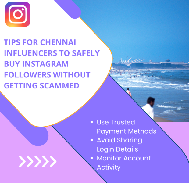 Tips for Chennai Influencers to Safely Buy Instagram Followers Without Getting Scammed The bold purple text on a white and purple gradient background reads, "Tips for Chennai Influencers to Safely Buy Instagram Followers Without Getting Scammed.".