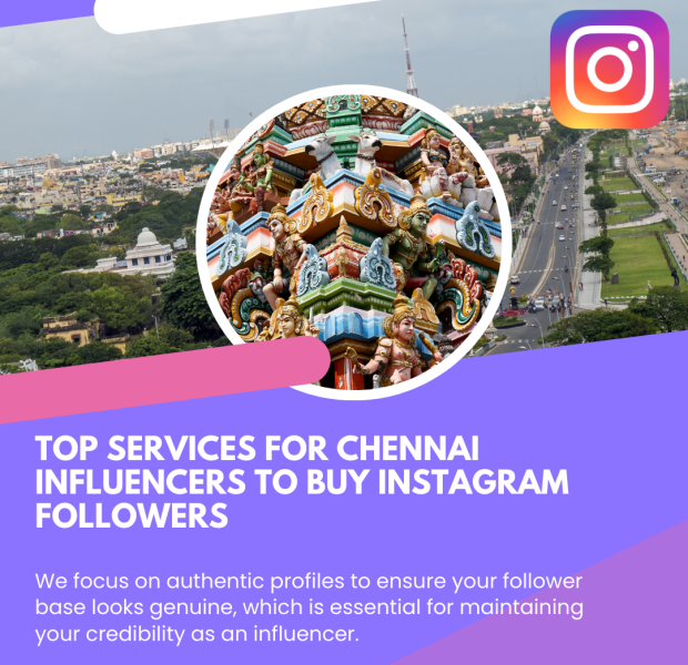 Top Services for Chennai Influencers to Buy Instagram Followers The bold white text on a purple and pink background reads, "Top Services for Chennai Influencers to Buy Instagram Followers."
