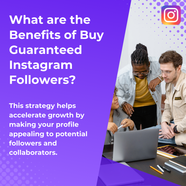 What are the Benefits of Buy Guaranteed Instagram Followers The bold white text on a purple gradient background reads, "What are the Benefits of Buy Guaranteed Instagram Followers?"