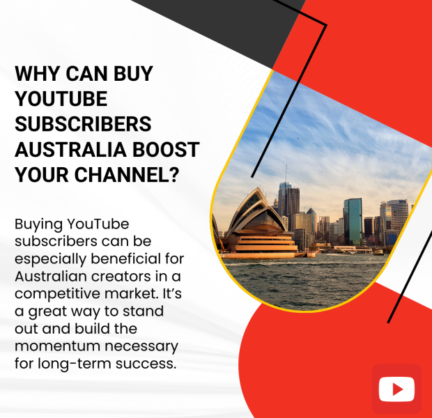 Why Can Buy YouTube Subscribers Australia Boost Your Channel The bold black text on a white background with red and yellow geometric accents reads, "Why Can Buy YouTube Subscribers Australia Boost Your Channel?"