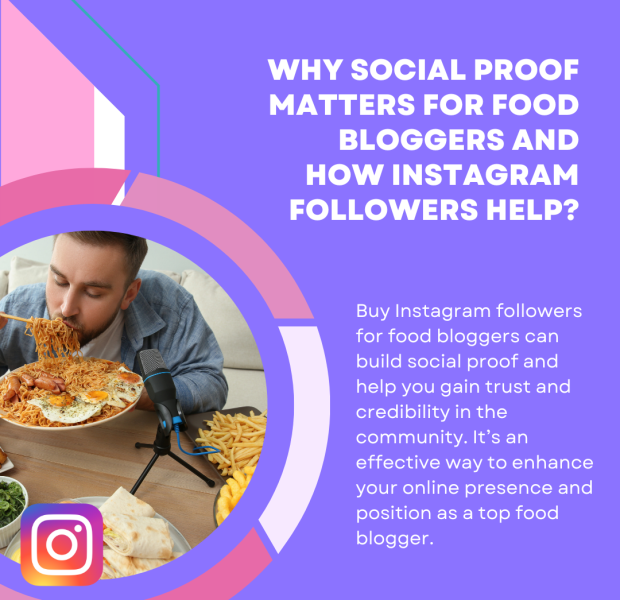 Why Social Proof Matters for Food Bloggers and How Instagram Followers Help The text reads, 'Why Social Proof Matters for Food Bloggers and How Instagram Followers Help?' against a purple background with a circular frame design.